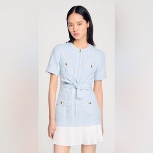 Sandro Tweed Joie Belted Tweed Mini Dress NWT Light Blue Sz 42 US 10 NWT $520